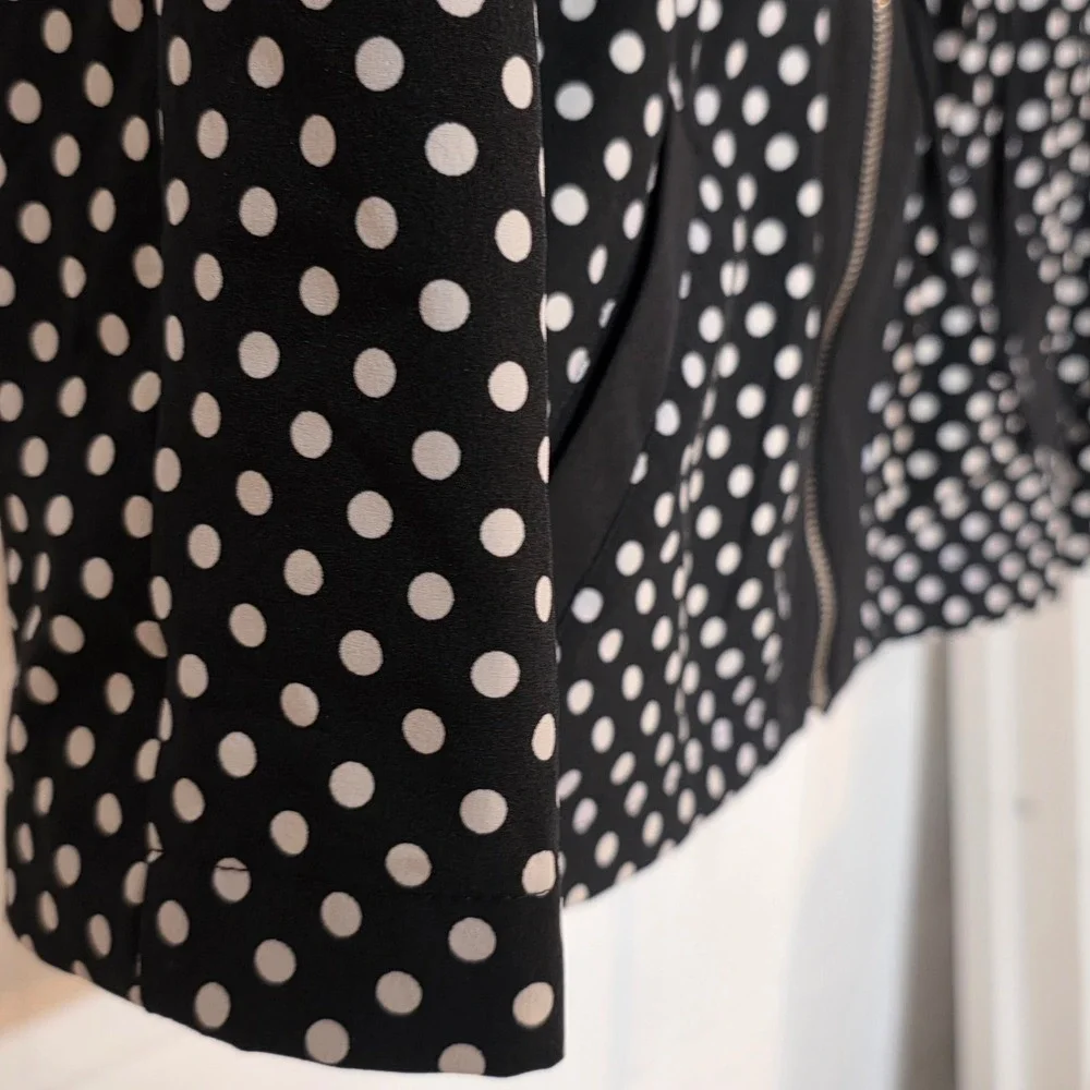 Laura Ashley Black White Polka‎ Dot Zip Up Light Jacket Drawstring Waist Women M